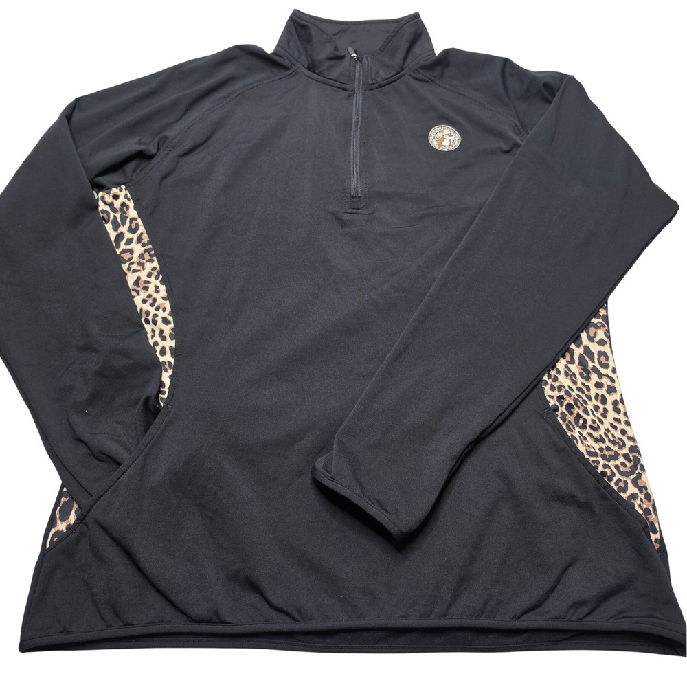 Buc-ee's Womens Large Black Leopard Print Quarter Zip Pullover Thumbholes LG